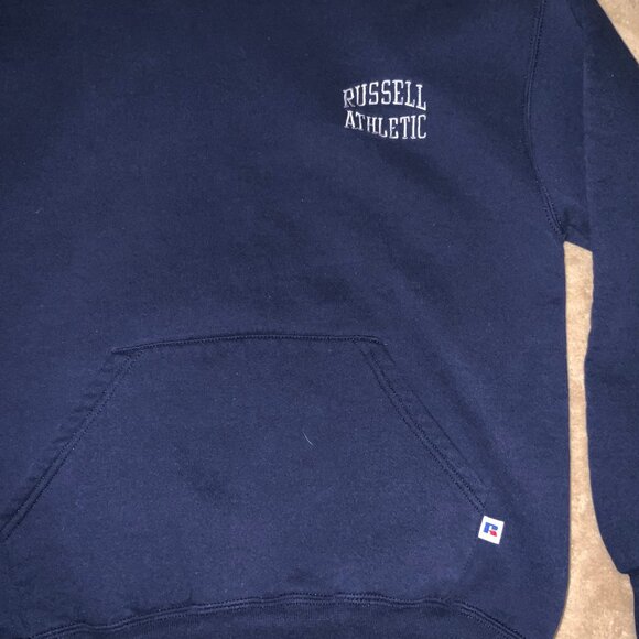 Russell Athletic Youth Medium Embroidery Navy Blue Sweatshirt Hoodie Pocket C03 - Picture 2 of 6
